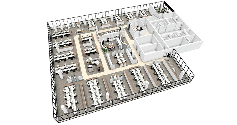 Open plan office with meeting room and communication zones