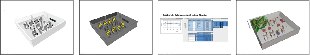 <i>Images from left to right: 1. The acoustically effective areas are marked, 2. visualization of the sound-absorbing areas in octaves, 3. import of surface data (size and sound absorption properties) into the Excel tool in order to estimate the reverberation time, 4. expanded applications (e.g. simulation of sound propagation in CadnaR) </i>