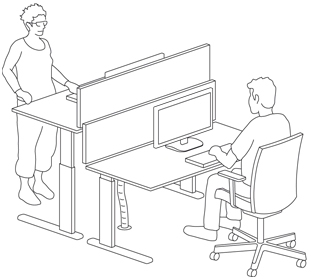 Bei Kombinationen aus zwei Sitz-/Steh-Arbeitstischen sollten beide Tische mit einem Sichtschutzelement ausgestattet sein.