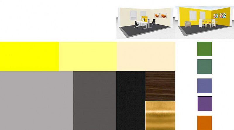 Farb- und Materialkombinationen: Hauptfarbe Gelb und ergänzende Akzentfarben. Collage: CS Designberatung