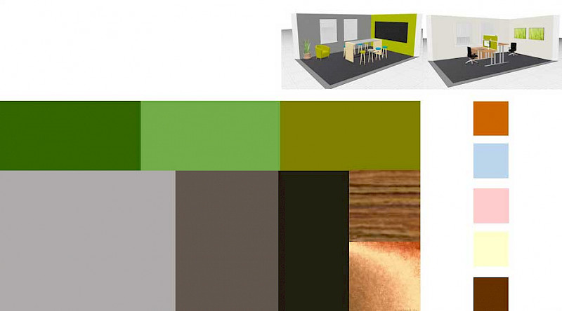 Farb- und Materialkombinationen: Hauptfarbe Grün und ergänzende Akzentfarben. Collage: CS Designberatung