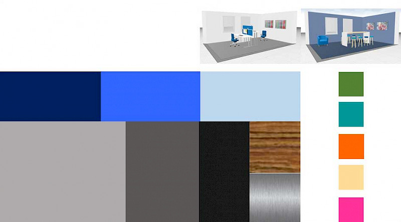 Farb- und Materialkombinationen: Hauptfarbe Blau und ergänzende Akzentfarben. Collage: CS Designberatung
