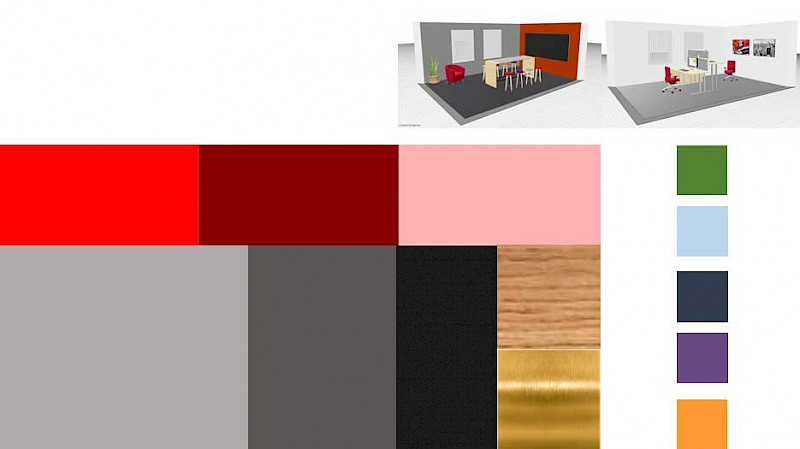 Farb- und Materialkombinationen: Hauptfarbe Rot und ergänzende Akzentfarben. Collage: CS Designberatung
