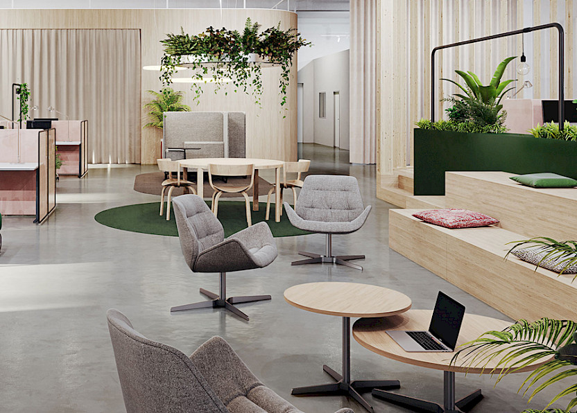 Material selection, colour and furnishing concepts play a central role when it comes to making the office a place of encounter. Image: Thonet