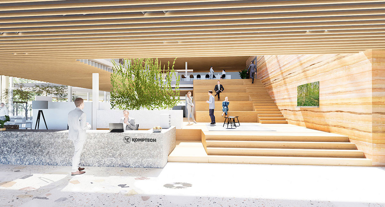 Die neue Komptech-Zentrale zeichnet sich durch einen offenen Gebäudecharakter aus. Rendering: Atelier Thomas Pucher.