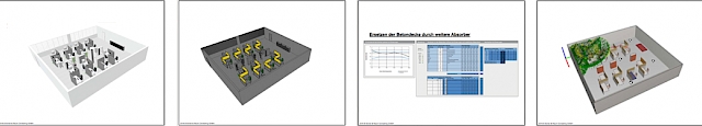 Bilder von links nach rechts: 1. Ausweis der akustisch wirksamen Flächen, 2. Visualisierung der absorbierenden Flächen nach Oktaven, 3. Import von Flächendaten (Größe und Absorptionseigenschaften) in das Excel-Tool zur überschlägigen Ermittlung der Nachhallzeit, 4. Erweiterte Anwendungen (Bsp. Simulation der Schallausbreitung in CadnaR)
