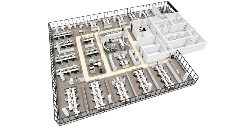 Example: Open-plan office with meeting room and communication zones