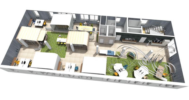 Example: Open space office with open areas and integrated meeting and office pods