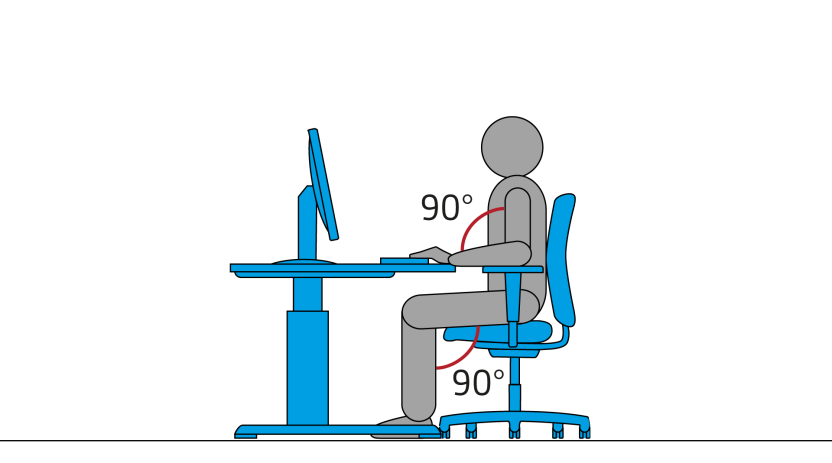 For seated work: right angles between upper and lower arms, and between thighs and lower legs