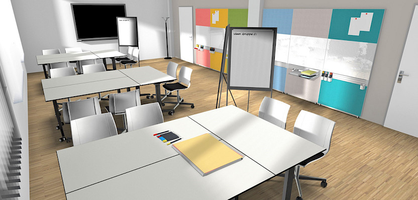 To collect and visualise ideas, large whiteboards, pinboards or interactive screens can be used, for example.