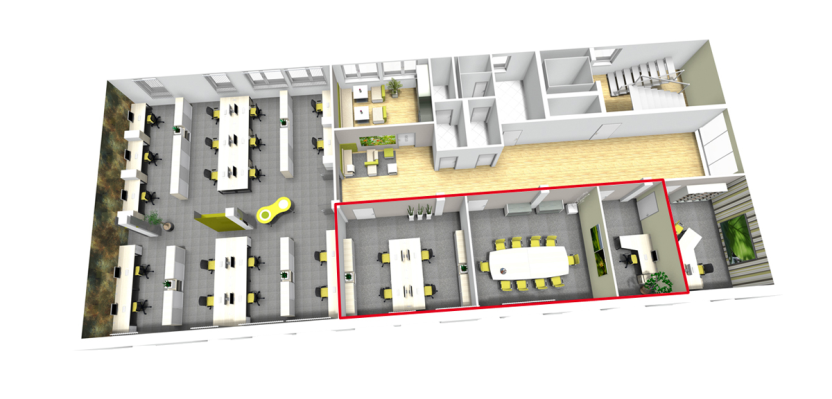 Initial situation: The meeting room, a private office and a team office are to be repurposed.