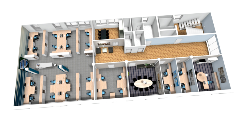 Floor plan featuring one group office, several individual offices and a meeting room