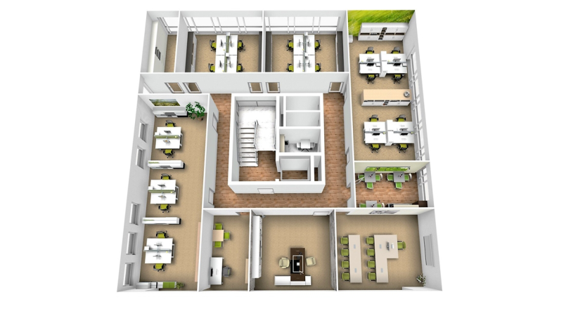 Floor plan featuring two group offices, multi-person offices, and a meeting/training room