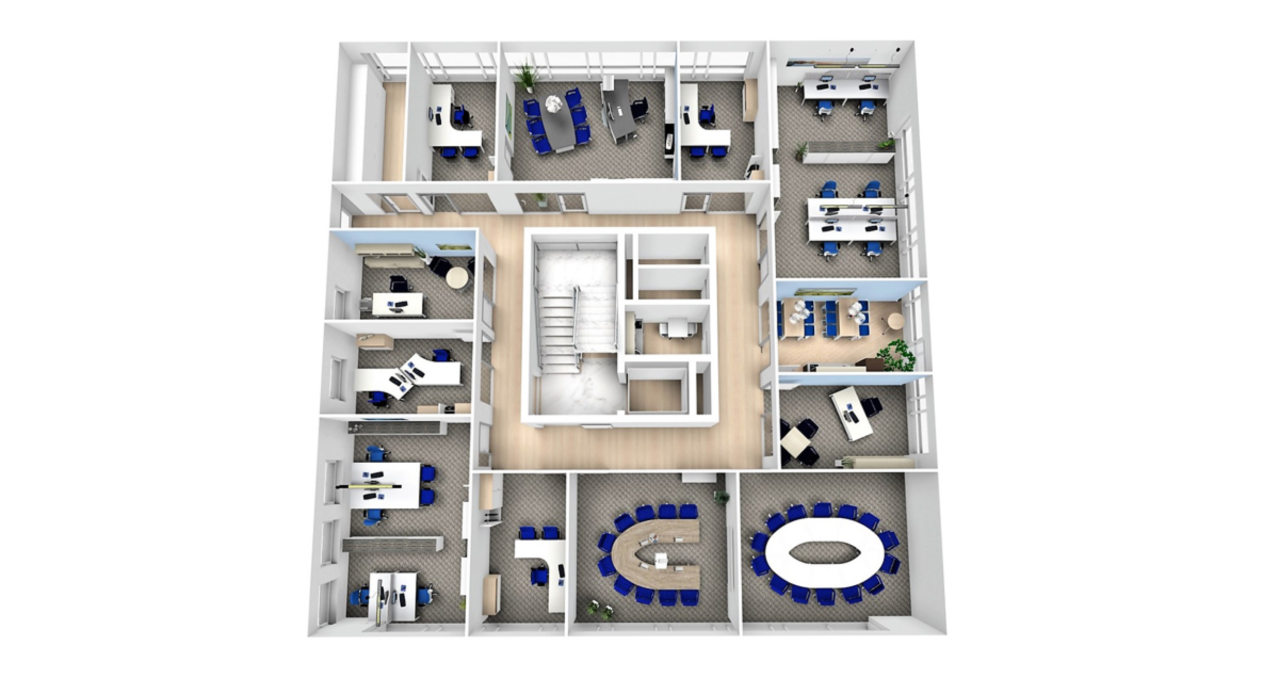 Floor plan with cellular structure: Layout including individual and multi-person offices as well as meeting rooms.