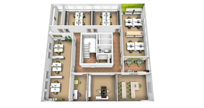 Planning example with several smaller group offices and a training area