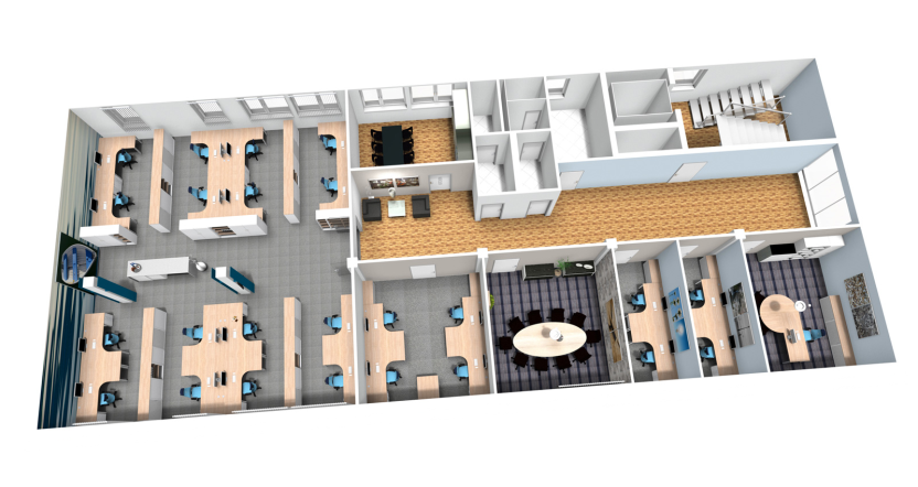 Planning example with a focus on a large group office combined with smaller office units