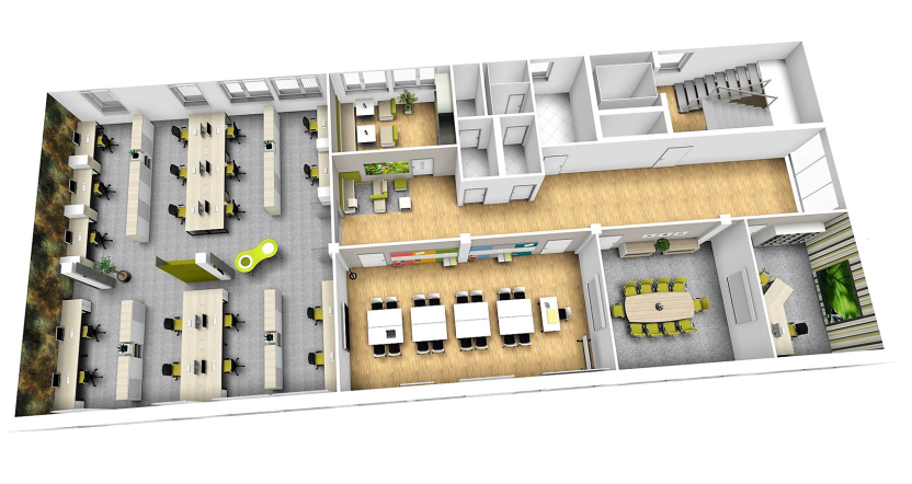 Planning example featuring a group office and a combined training and workshop zone