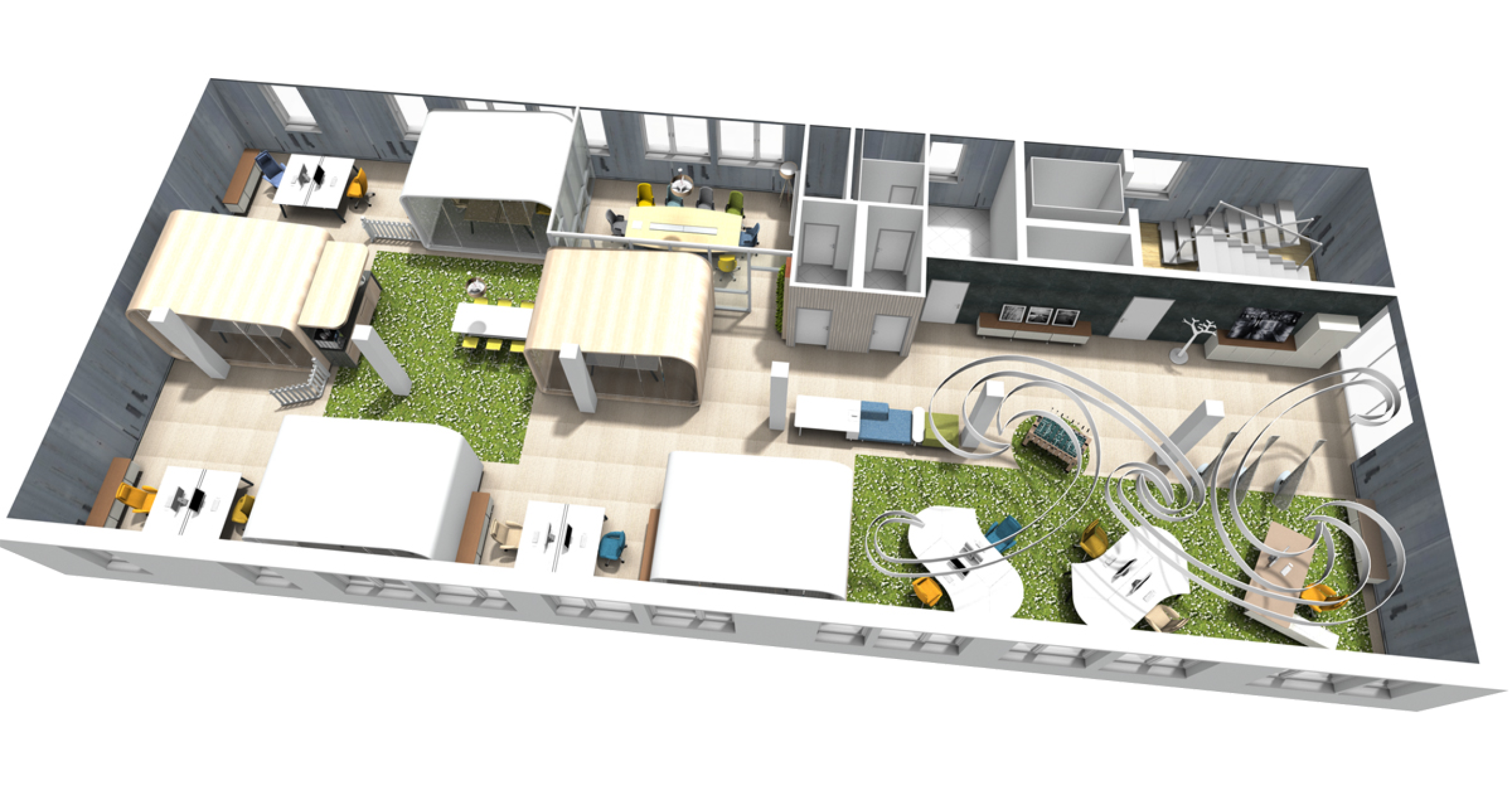 Example floor plan of an Open-Space office with integrated work and meeting pods