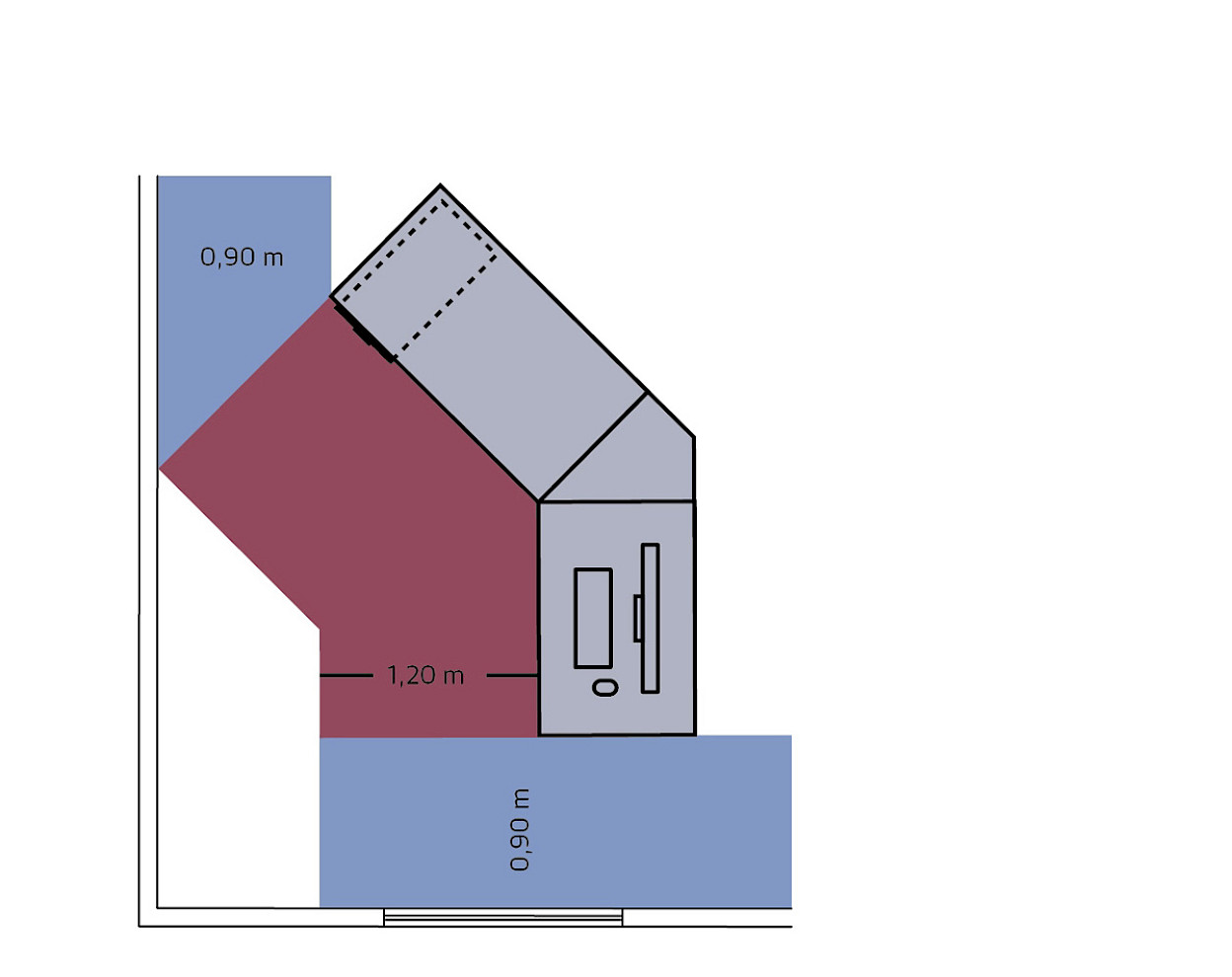 Minimum widths of circulation and maintenance routes for wheelchair users (user zone in red)