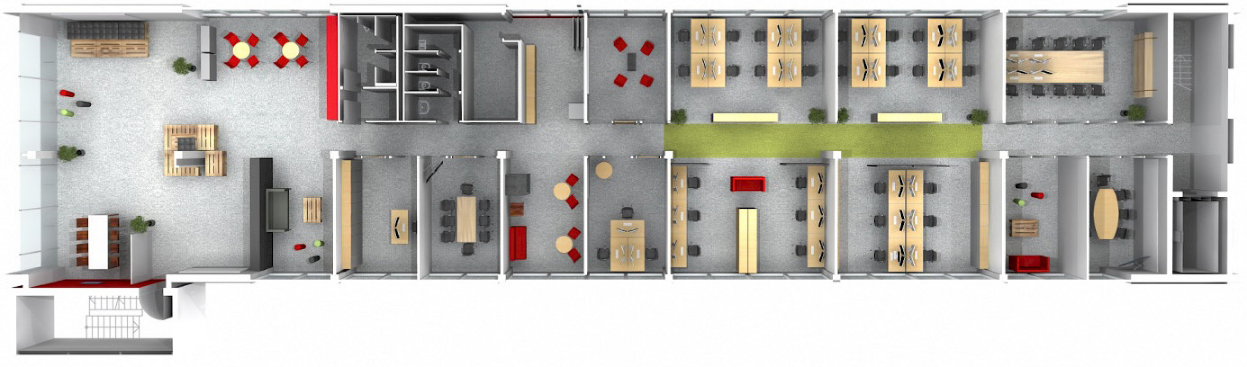 Visualization plan of the pilot project with eight functional areas and focus boxes for Collaboration, Visitors, Private Phones, Quick Decisions, Feedback, Home Base, Flexibility and Library. Image: SMA