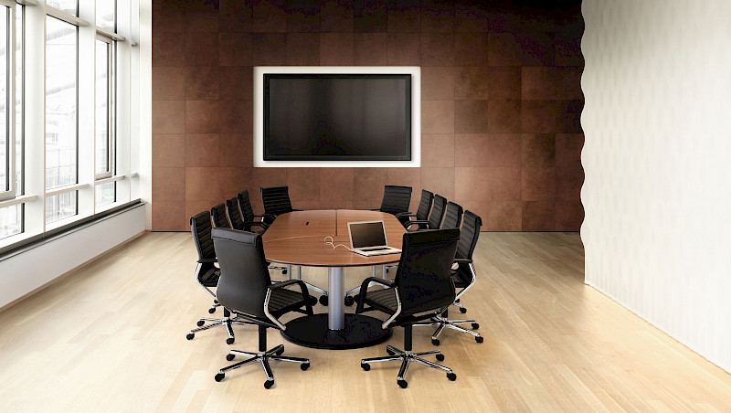 Variable use video conference room for hybrid collaboration of spatially distributed teams.