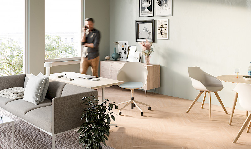 The integration of a workplace into the private living space requires tables and chairs that meet professional requirements in terms of quality and ergonomics and at the same time match the other furniture in the living space.