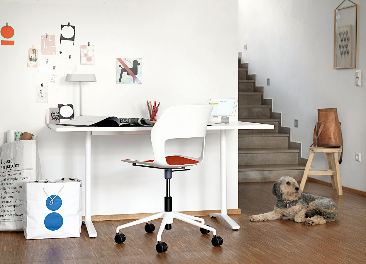 There’s always a space for this compact, 140 cm x 70 cm table. A height-adjustable task chair, which doesn’t look out of place in homes, is a good option for people spending hours at their desks. It can also be parked at a dining table too.